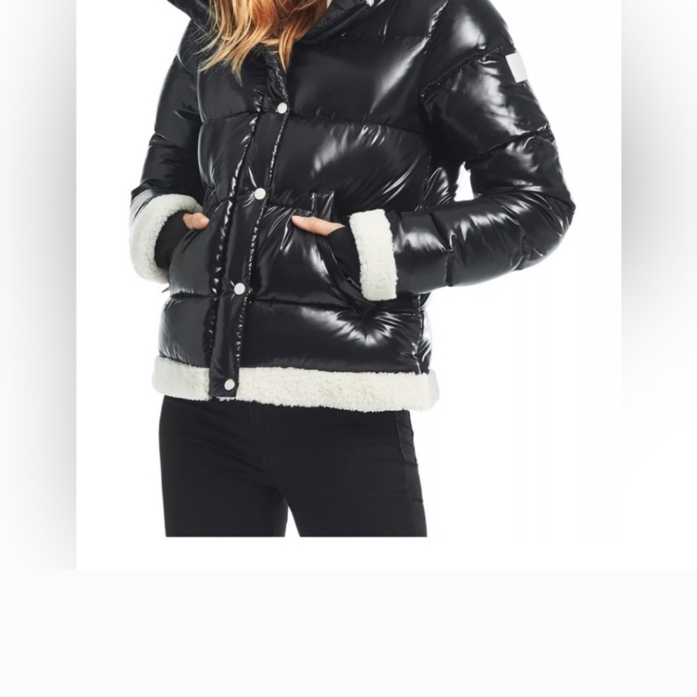 SAM. Womens Gigi Shearling-Trim Down Jacket Black XL